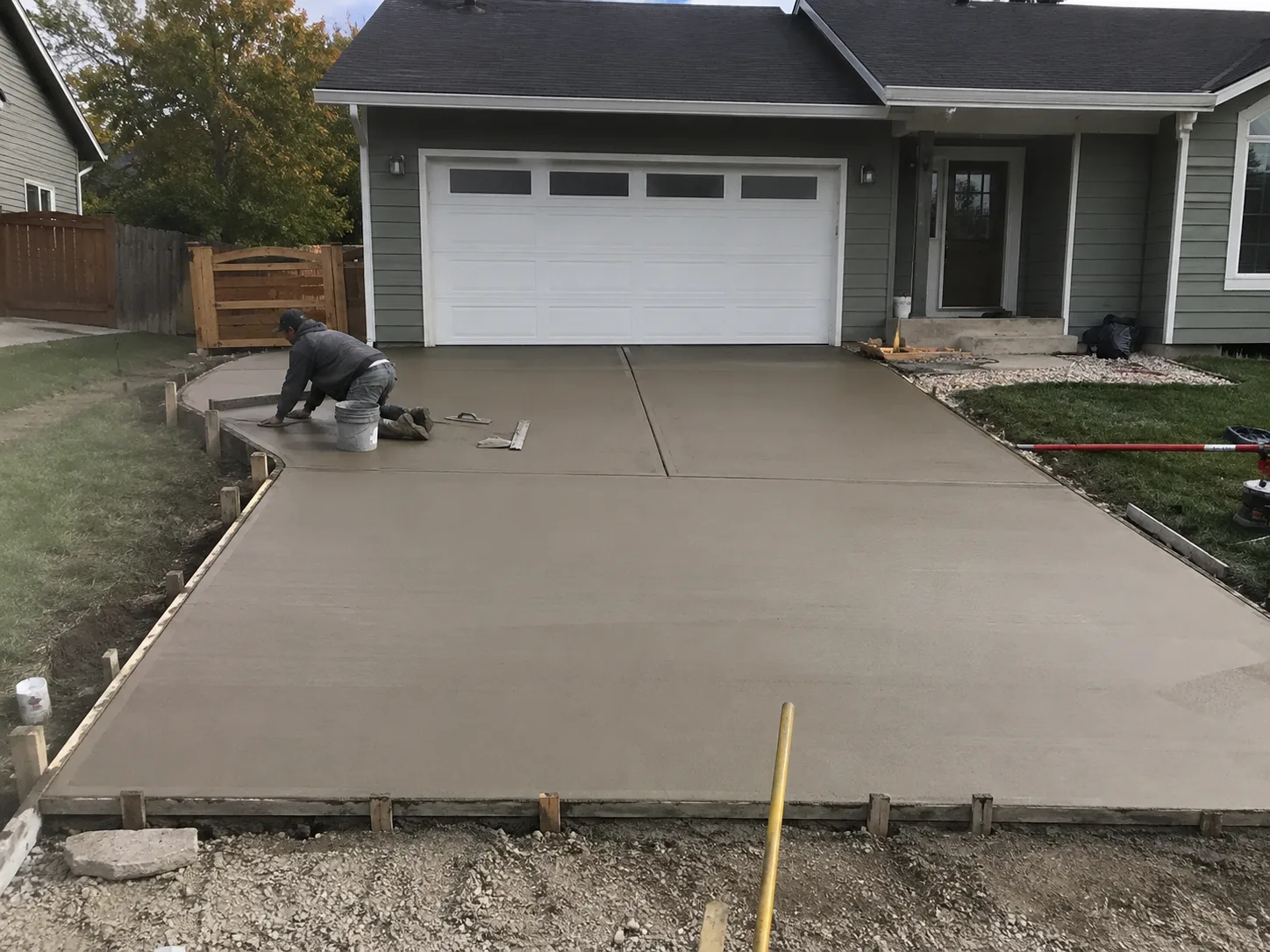 Concrete crew hand-finishing a fresh residential driveway pour in New York